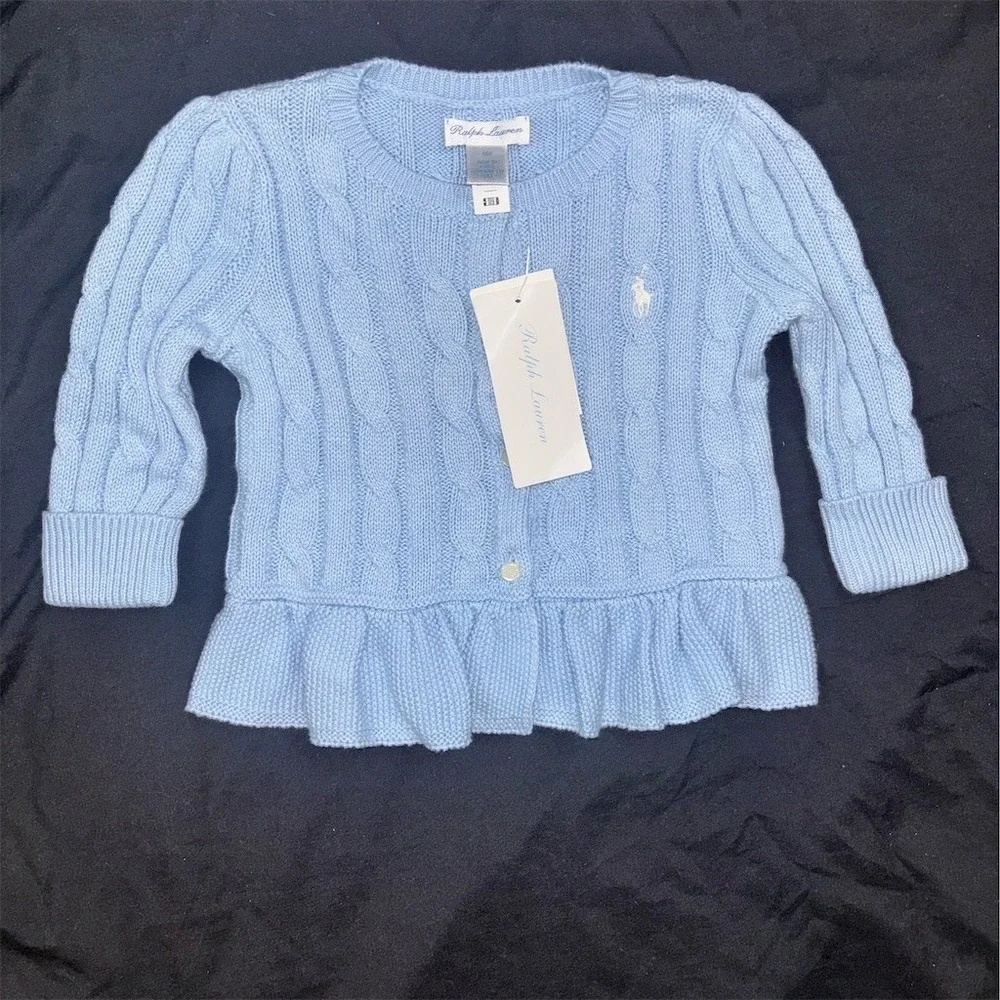 Ralph Lauren Baby Girls Cardigan Sweater Blue Cable Knit Peplum 9M polo pony NWT